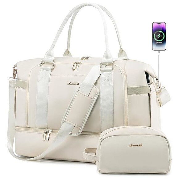 Gym Bag for WomenTravel Duffel Bag with USB Charging Port, White